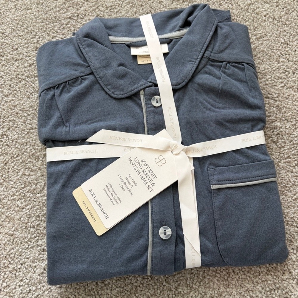 Boll & Branch Pajama Set Womens S Gray Blue Long Sleeve and Pants Button Up Soft